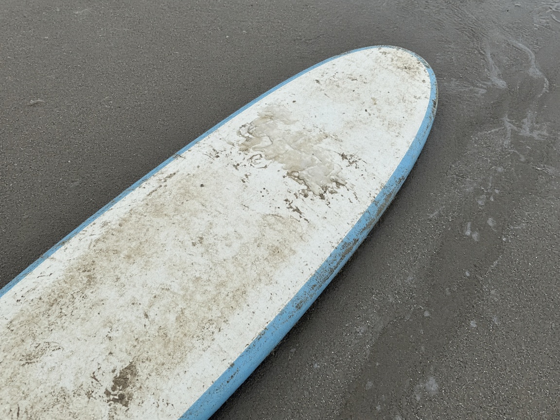 Scuffed white and blue soft-top surfboard lying on wet sand