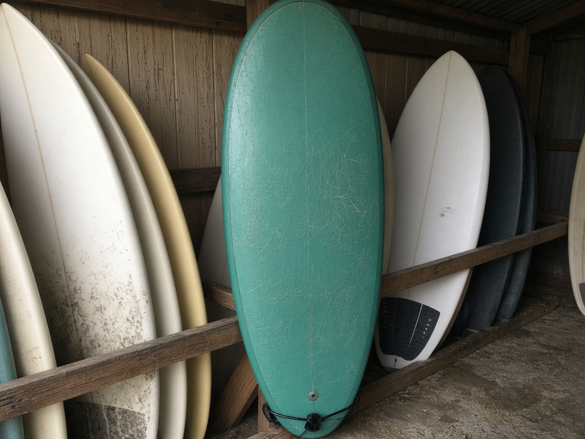 Sea-green mid-length surfboard standing in a hire rack