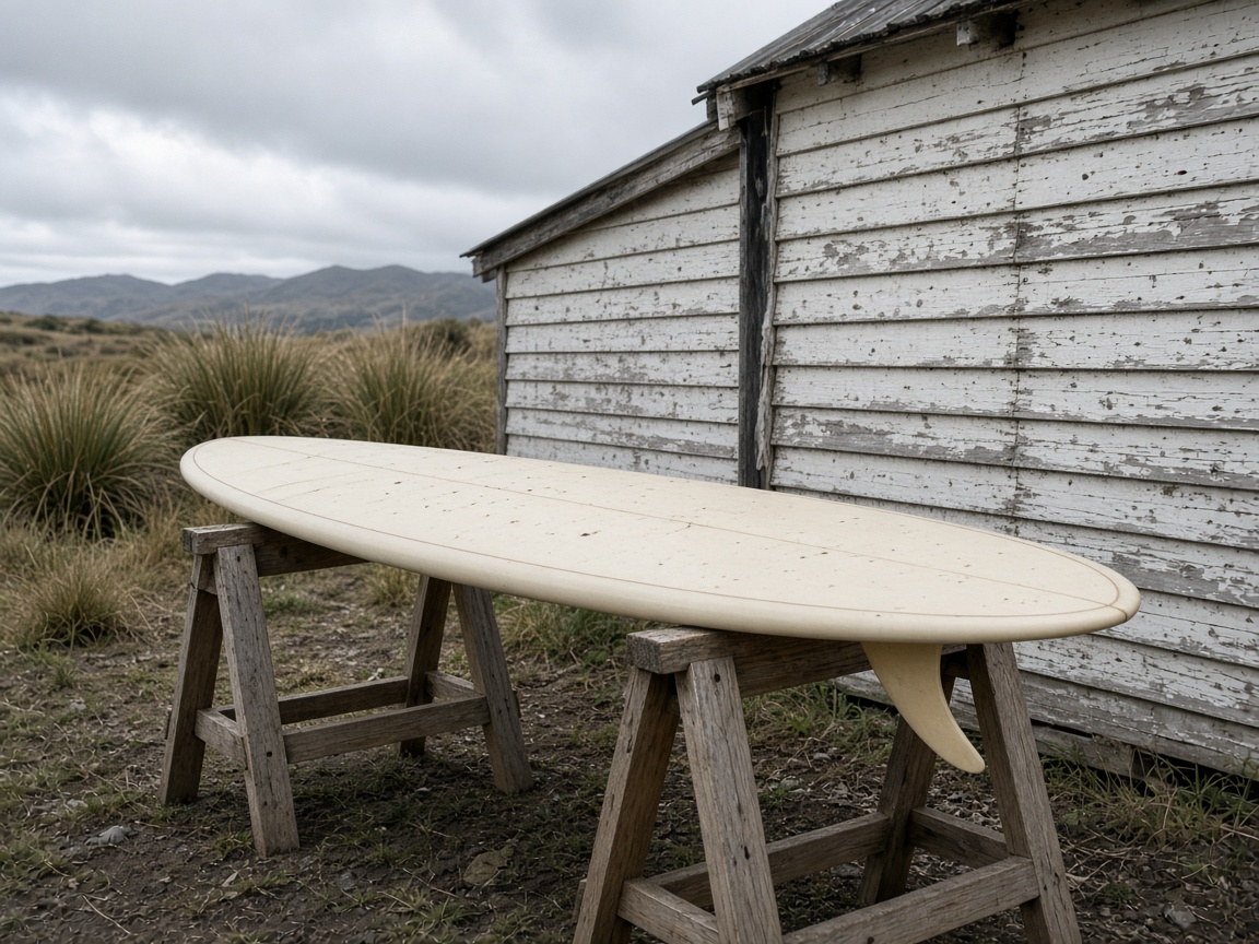 Cream longboard resting on sawhorses outside the shed