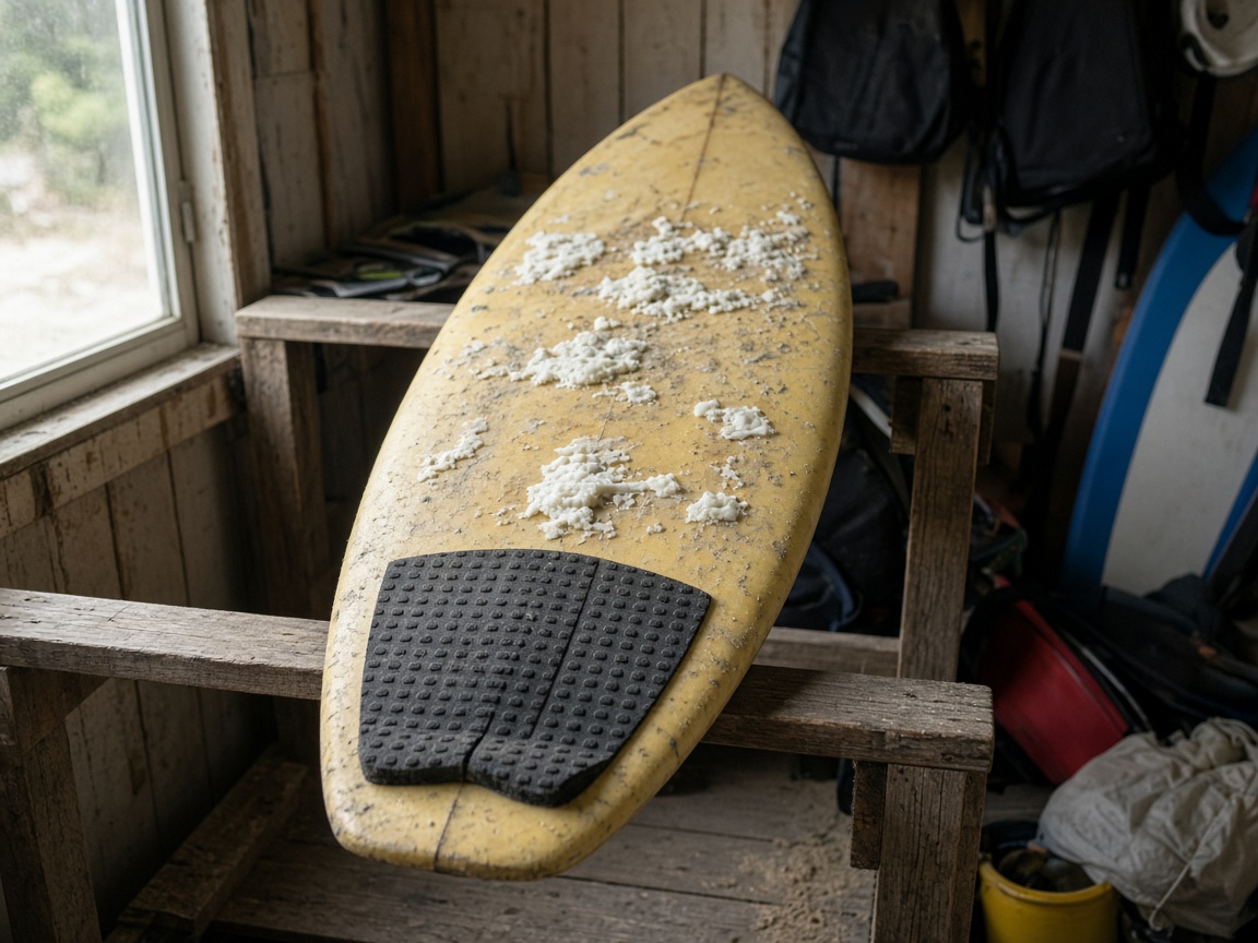 Yellow shortboard with a traction pad, leaning on a wooden rack