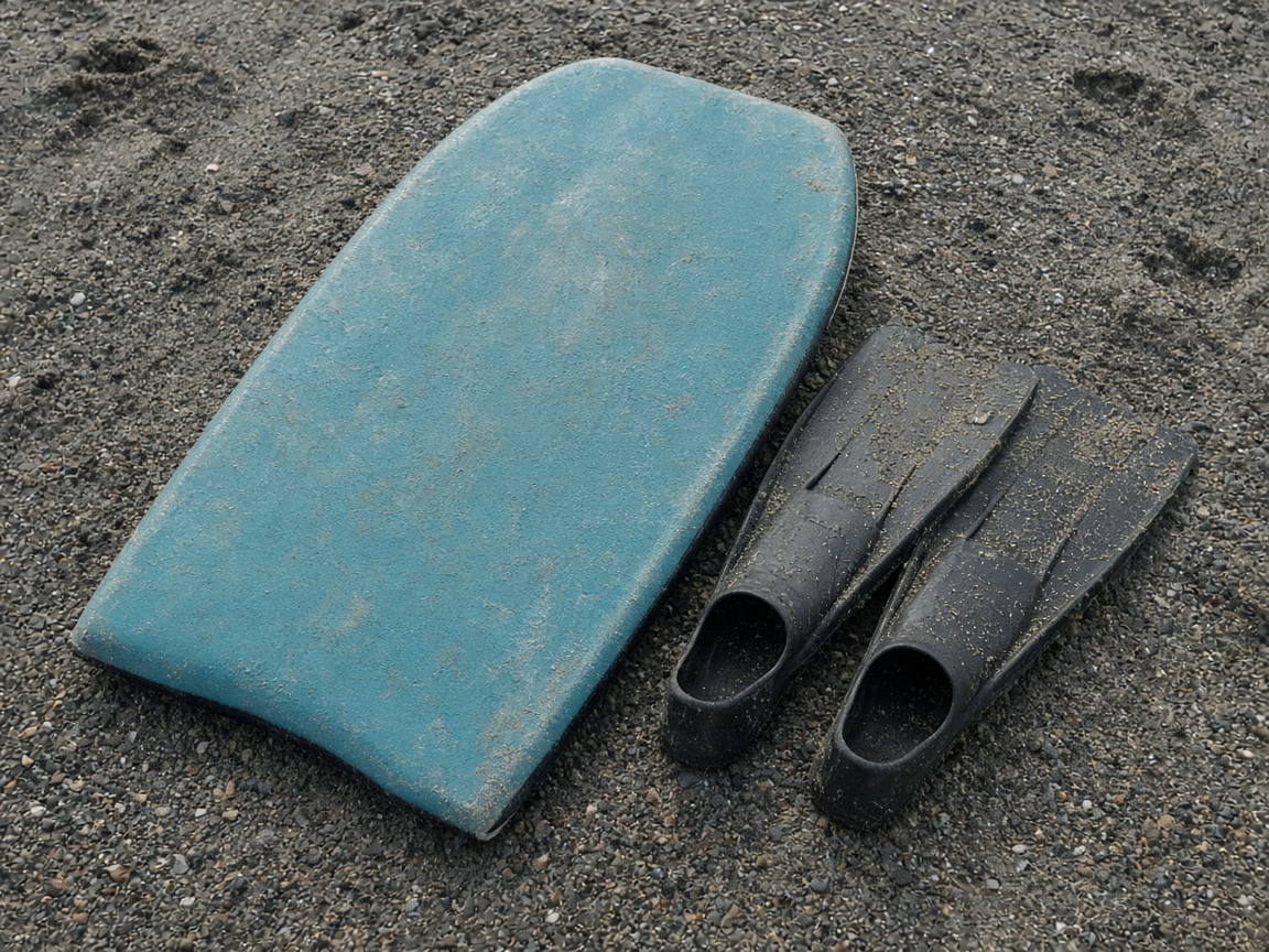 Teal bodyboard and a pair of sandy fins on dark sand