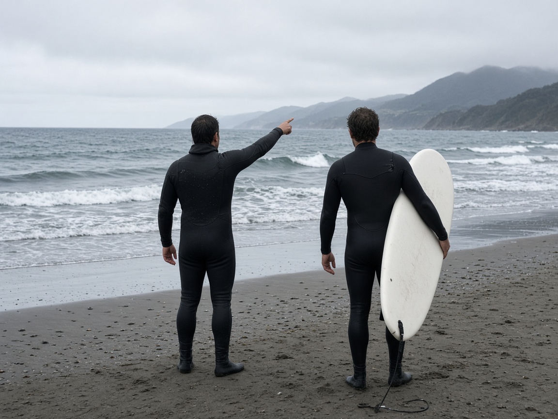 Surf coach in a winter wetsuit pointing at the waves beside a learner with a soft-top