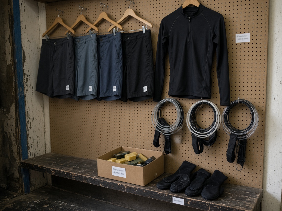 Pegboard of boardshorts, rash vests, leashes, wax and booties in the shed