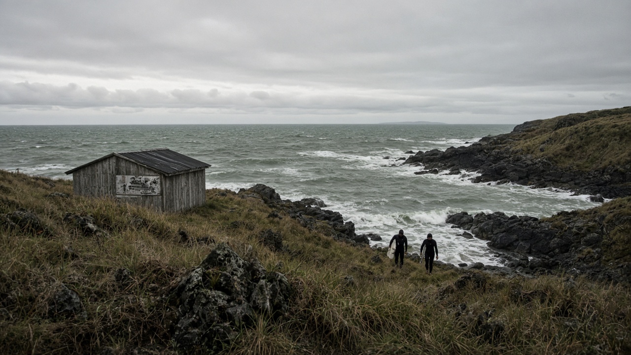 Overcast Southland coast with a small surf shed and two people in wetsuits heading to the water