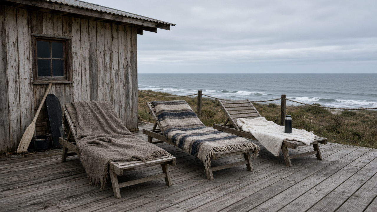 Three mismatched loungers with blankets on a wooden deck facing a grey sea