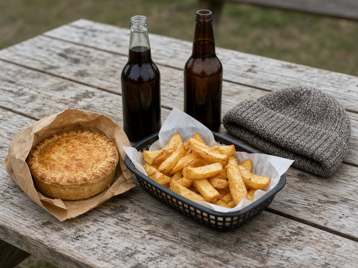 A meat pie, chips and two beer bottles on a scratched picnic table