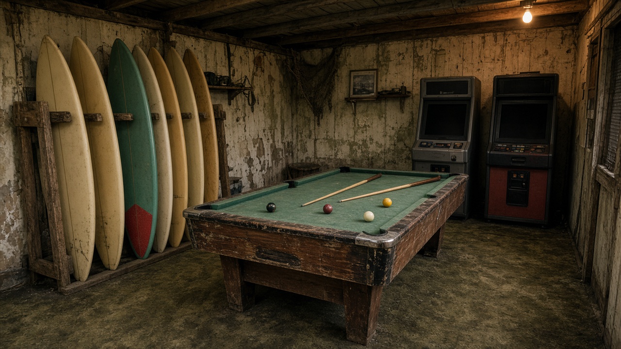 Inside the hire shed: a pool table, surfboards, and two upright gaming machines